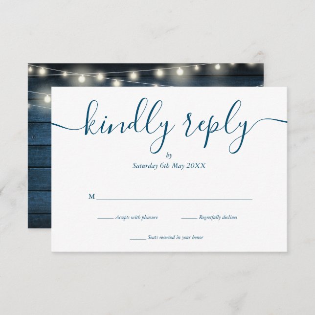 Blue Rustic Wood String Lights Script Wedding RSVP Card (Front/Back)
