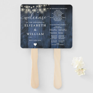 Blue Rustic Wood String Lights Wedding Program Hand Fan