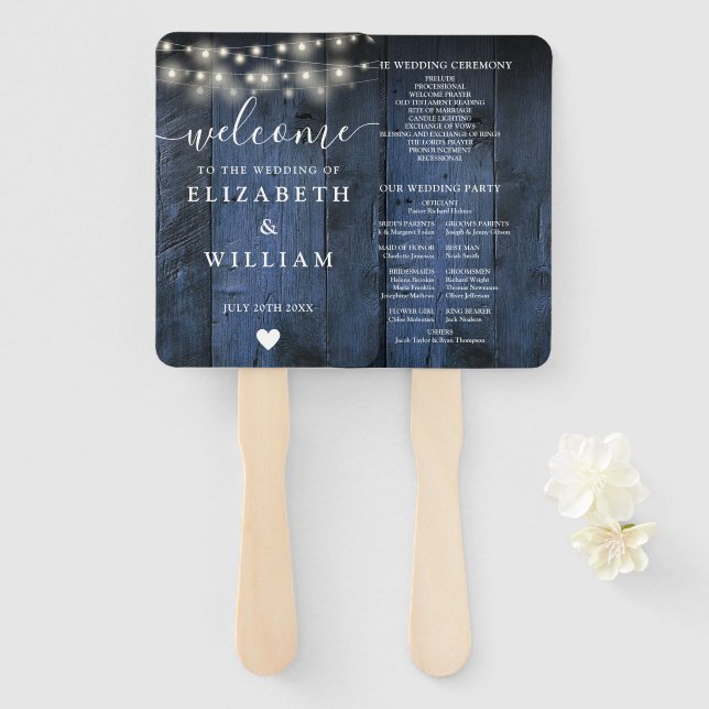 Blue Rustic Wood String Lights Wedding Program Hand Fan (Front and Back)