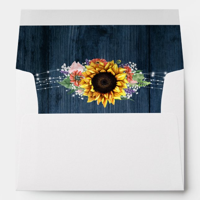 Blue Rustic Wood Sunflower Bouquet Addressed Envelope (Back (Bottom))