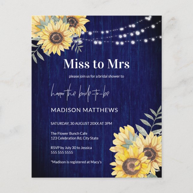 Blue Rustic Wood Sunflower Lights Miss to Mrs  (Front)