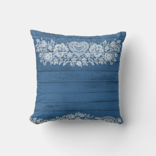 Blue Rustic Wood & White Lace Lacy Farmhouse Chic Throw Pillow