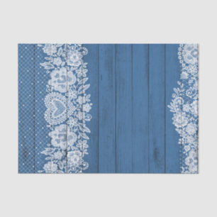 Blue Rustic Wood & White Lace Lacy Farmhouse Chic Tissue Paper