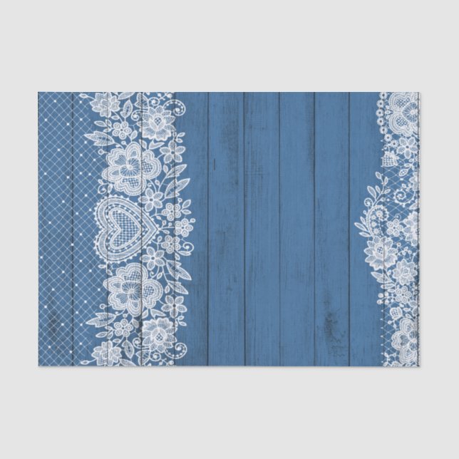 Blue Rustic Wood & White Lace Lacy Farmhouse Chic Tissue Paper (Front)