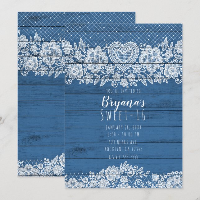 Blue Rustic Wood & White Lace Sweet 16 Birthday Invitation (Front/Back)