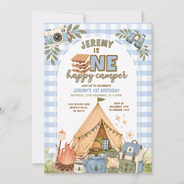 Blue S’mores Camping Boy Camper Party Invite (Front)