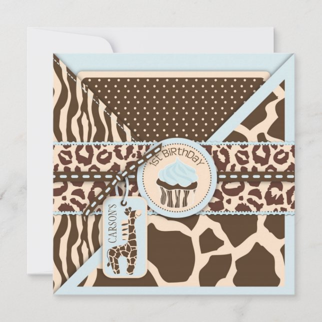 Blue Safari Animal Print & Cupcake First Birthday Invitation (Front)