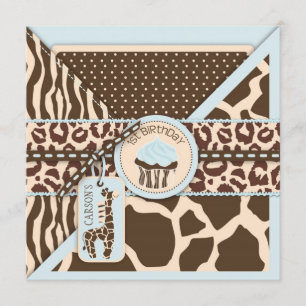 Blue Safari Animal Print & Cupcake First Birthday Invitation