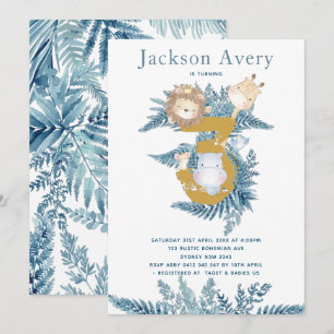 Blue Safari Animals 3rd Birthday Invitation