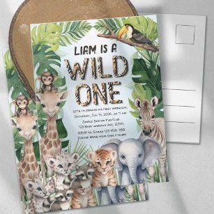 Blue Safari animals themed Wild one 1st birthday  Invitation Postcard