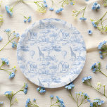 Blue Safari Animals Toile de Jouy Baby shower Paper Plate<br><div class="desc">This item blends classic elegance with whimsical charm. The design features a delicate toile de Jouy pattern in soft baby blue, showcasing vintage-style safari animals like elephants, giraffes nestled among floral and leafy details. The intricate linework and gentle colour palette give it a timeless, heirloom feel—perfect for a refined and...</div>