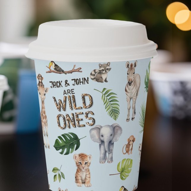 Blue Safari Animals, Twins WIld ONes 1st birthday Paper Cups (BLue safari jungle animals, twins boys 1st birthday paper cups.)
