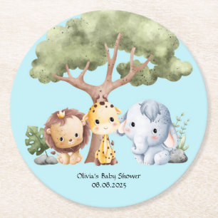 Blue safari baby shower round paper coaster