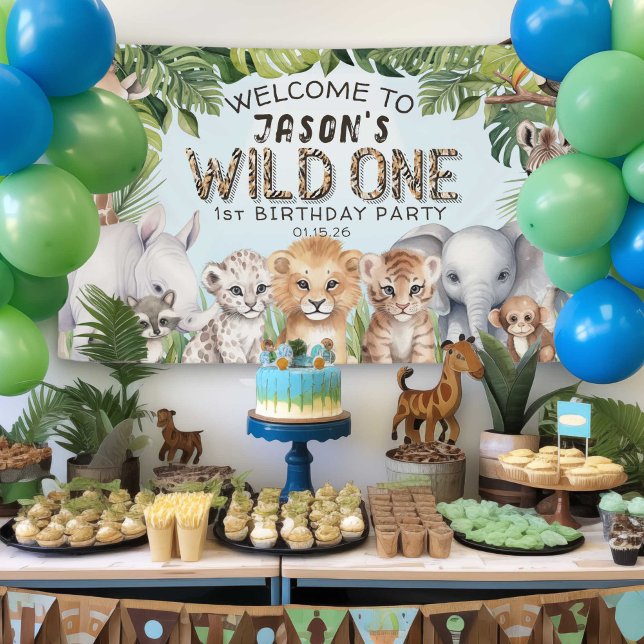 Blue Safari Themed Wild one 1st birthday welcome  Banner (Blue, Safari themed, wild one 1st birthday celebration. Jungle animals first birthday welcome banner)