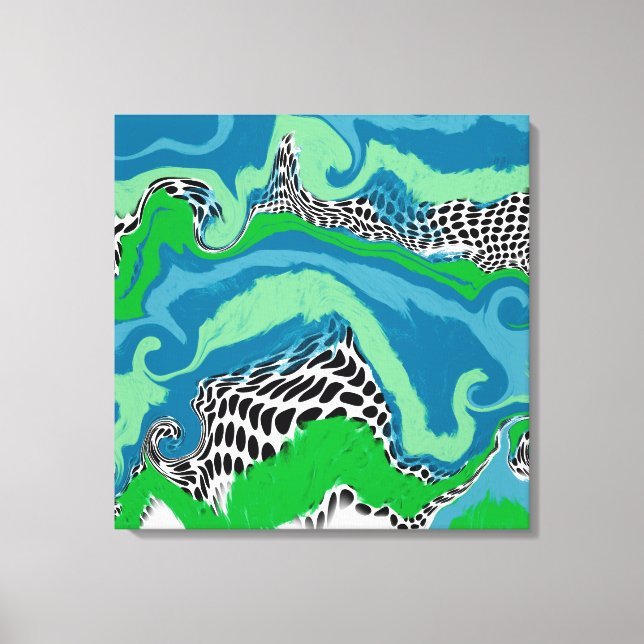 Blue, Sage Green, Black and White Abstract Fluid Canvas Print (Front)