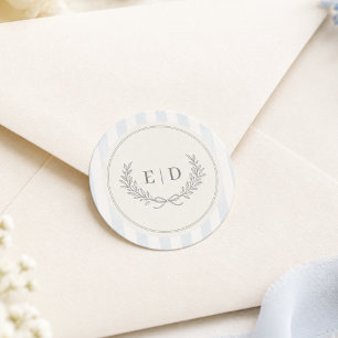 Blue & Sage Green Striped Monogram Wedding Classic Round Sticker