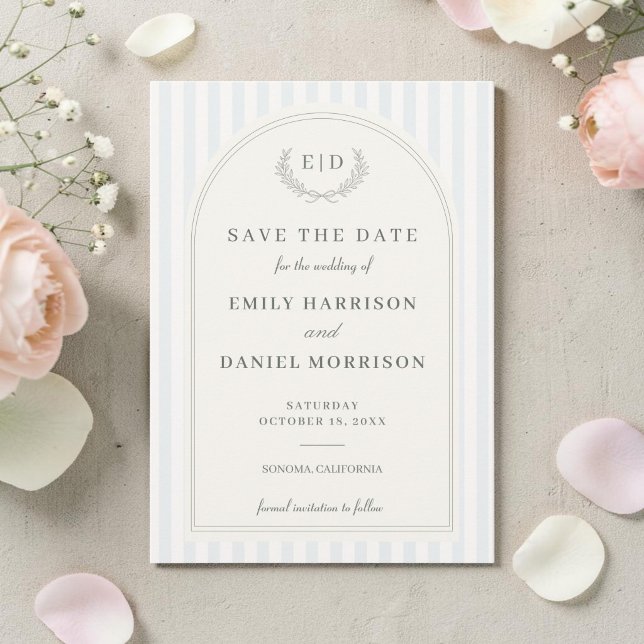 Blue & Sage Green Striped Monogram Wedding Save The Date (Creator Uploaded)