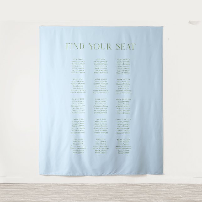 Blue & Sage Green Wedding Seating Chart Backdrop  Tapestry (Front)