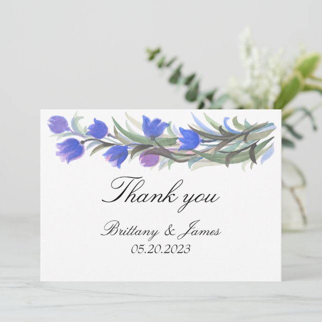 Blue sage green wildflowers wedding thank you card (Standing Front)
