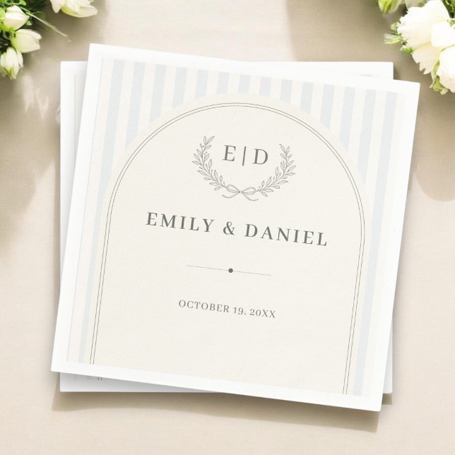 Blue & Sage Striped Monogram Wedding Napkin (Creator Uploaded)