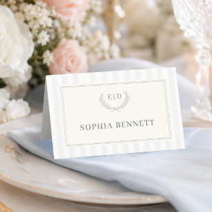 Blue & Sage Striped Monogram Wedding Place Card