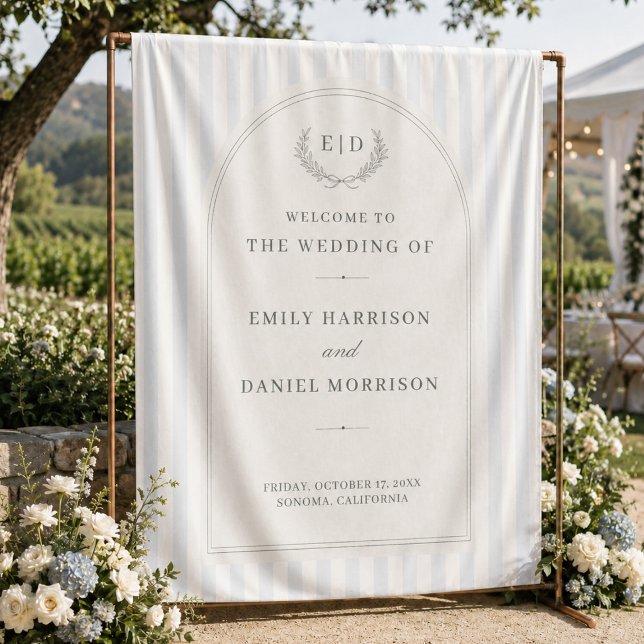 Blue & Sage Striped Wedding Welcome Backdrop Tapestry (Creator Uploaded)