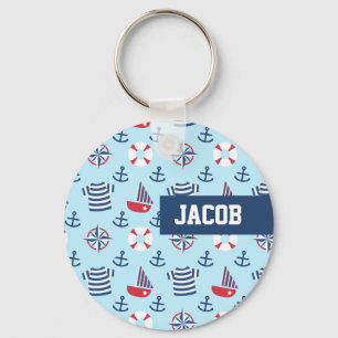 Blue Sailboat Anchor Nautical Theme Pattern Keychain