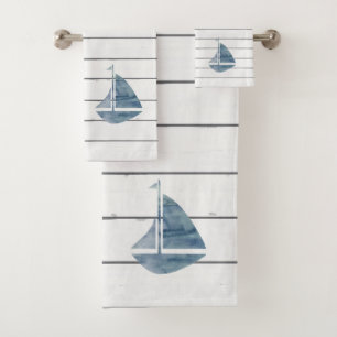 Blue Sailboat Nautical Shiplap Bath Towel Set