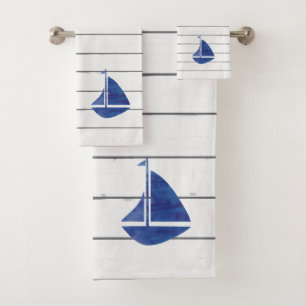 Blue Sailboat Nautical Shiplap Bath Towel Set