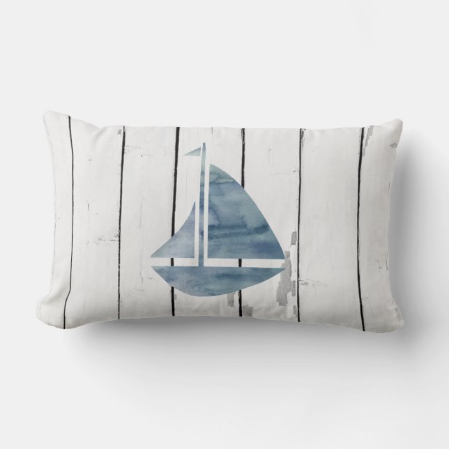 Blue Sailboat Nautical Shiplap Rustic Beach Decor Lumbar Pillow (Front)