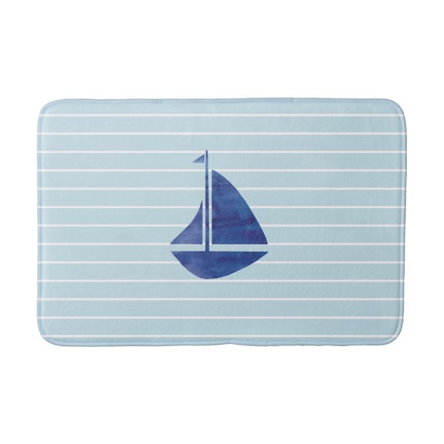 Blue Sailboat Painting Stripe Coastal Bath Mat (Front)