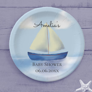 Blue Sailboat Personslized Baby Shower Paper Plate