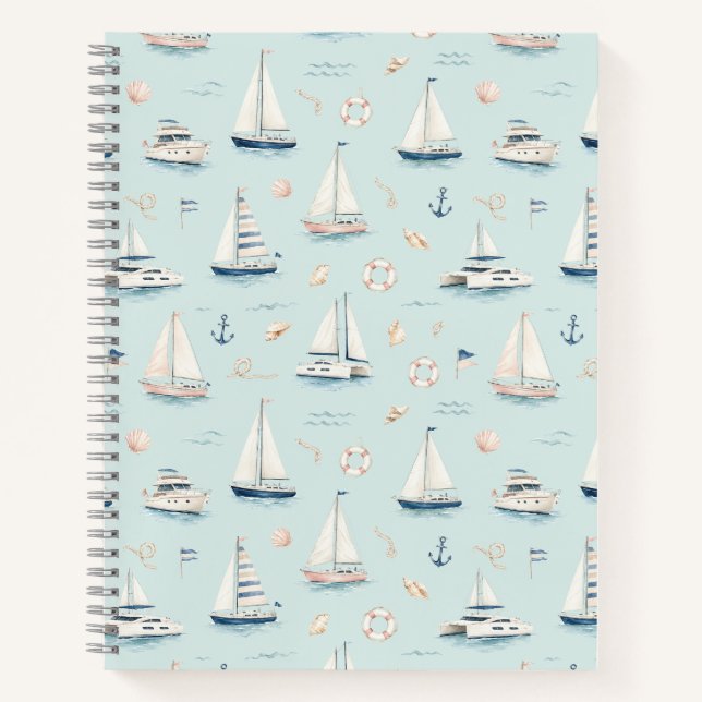 Blue Sailboat Watercolor Nautical Pattern Notebook (Front)
