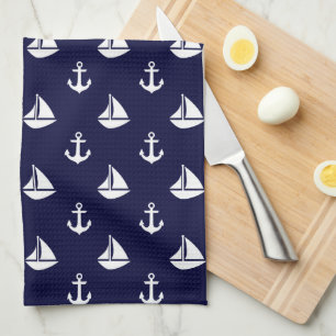 Blue Sailboats and Anchors Pattern Kitchen Towel