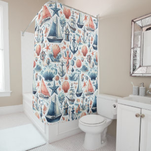 BLUE SAILBOATS NAUTICAL ANCHORS CORAL SEASHELLS