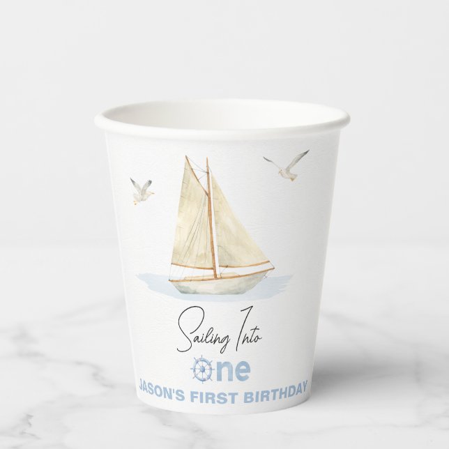 Blue Sailing Boat Sailing Into One 1st Birthday Paper Cups (Front)