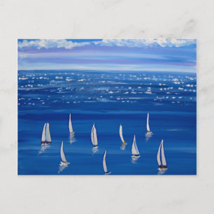 Blue Sailing Sailboats Folk Art Post Card