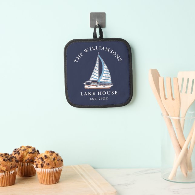 Blue Sails Boat Nautical Custom Name Lake House Pot Holder (Insitu(Hanging))
