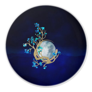 Blue Sakura Blossom Zen Moon Ceramic Knob