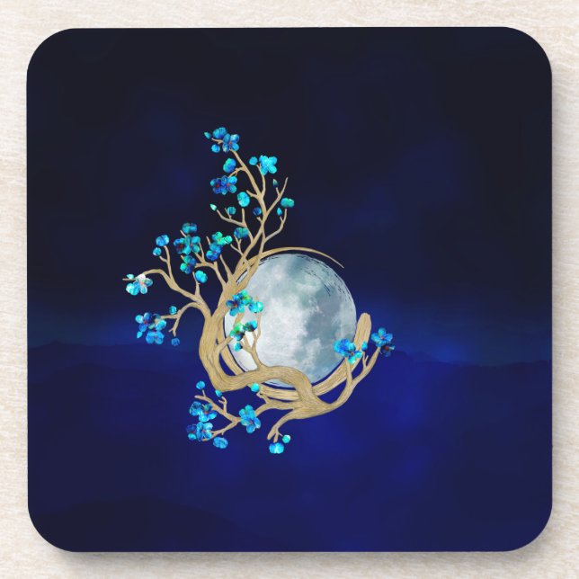 Blue Sakura Blossom Zen Moon Coaster (Front)