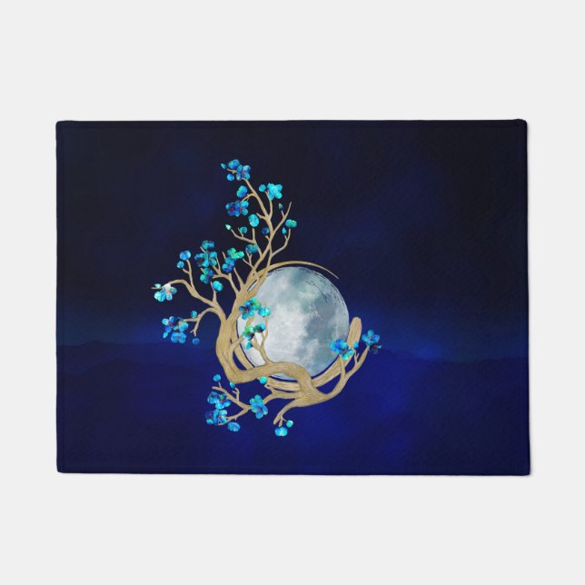 Blue Sakura Blossom Zen Moon Doormat (Front)