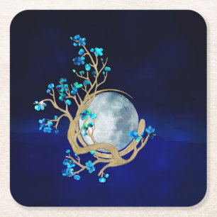Blue Sakura Blossom Zen Moon Square Paper Coaster