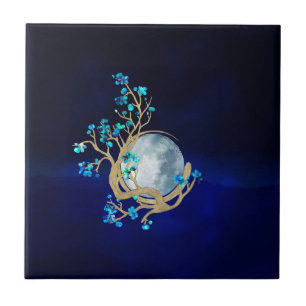 Blue Sakura Blossom Zen Moon Tile