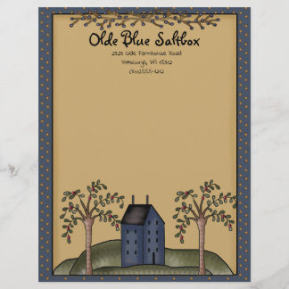 Blue Saltbox House with Primitive Stars & Berries Letterhead