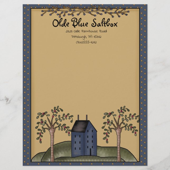 Blue Saltbox House with Primitive Stars & Berries Letterhead (Front)