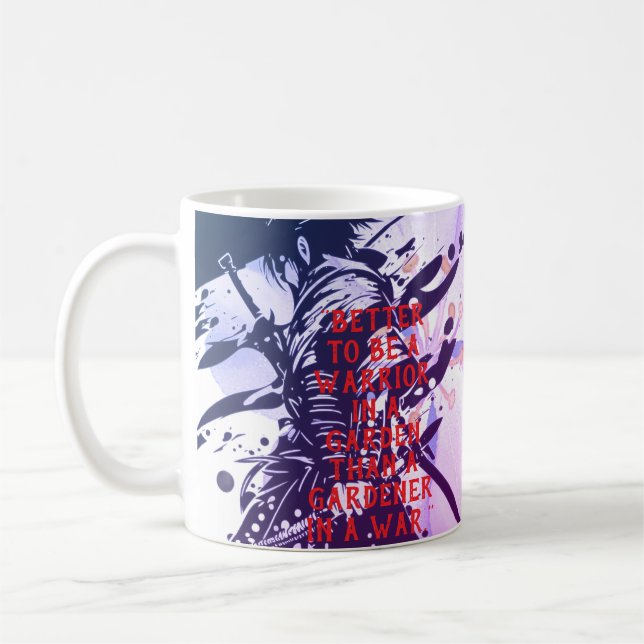 Blue Samurai & Cherry Blossom Ink Art Motivational Coffee Mug (Left)