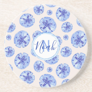 Blue sand dollar watercolor-custom monogram-name   coaster