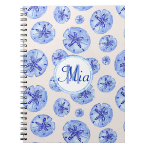 Blue sand dollar watercolor-custom monogram-name  notebook