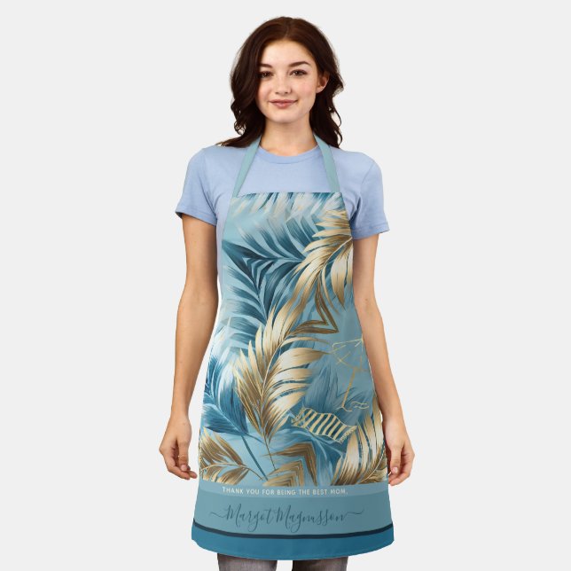 Blue sand faux golden palm leaves custom text apron (Worn)