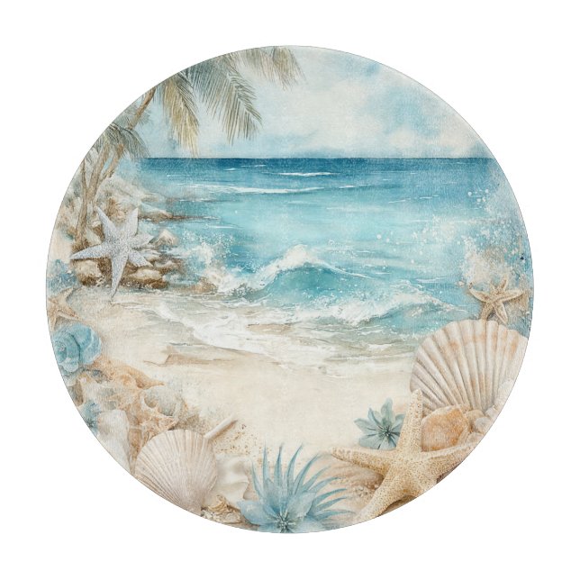 BLUE SANDY BEACH SCENE WITH SEASHELLS CUTTING BOARD (Front)